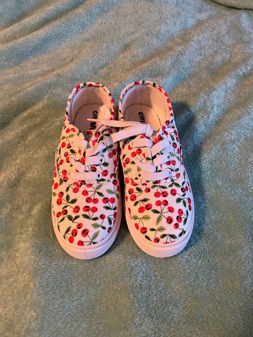 White Canvas Kids Sneakers with Red Cherry Print